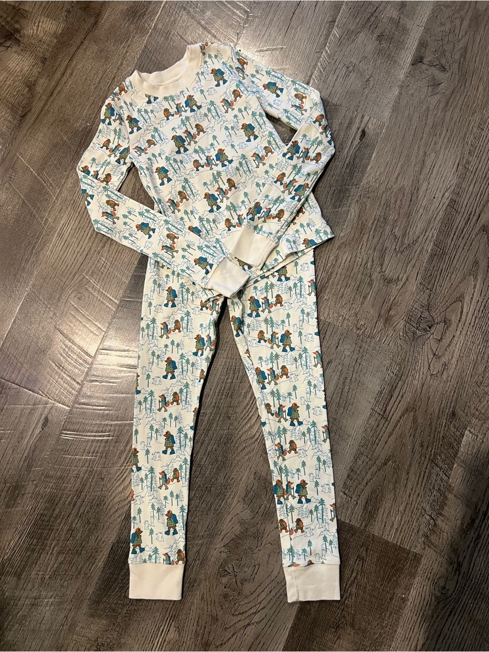 L.L. Bean Kids Cream Pajama Set with Teal and Brown Forest Print